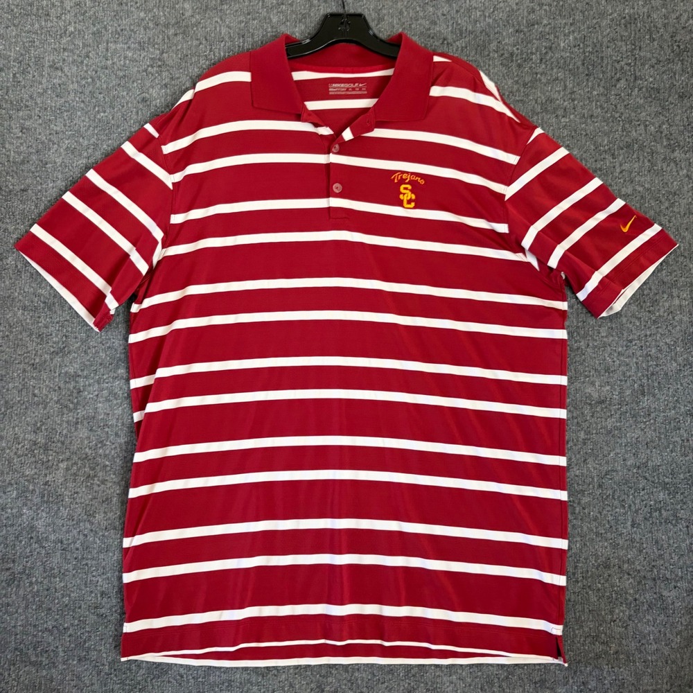 Nike Golf USC Trojans Polo Men XL Red White Striped Nike Fit Dry Short Sleeve